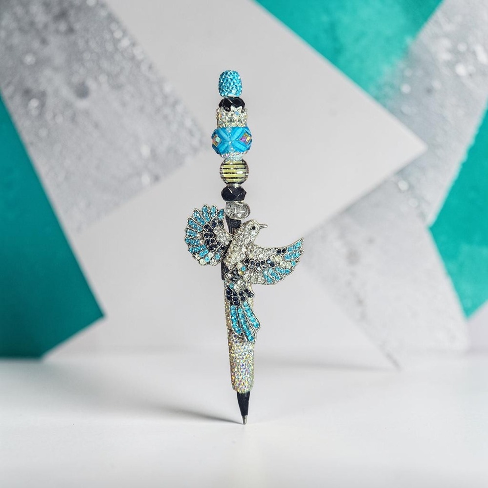 Handmade Artisan Beaded Pen Crystal Rhinestone Bird Blue Turquoise Silver Tone